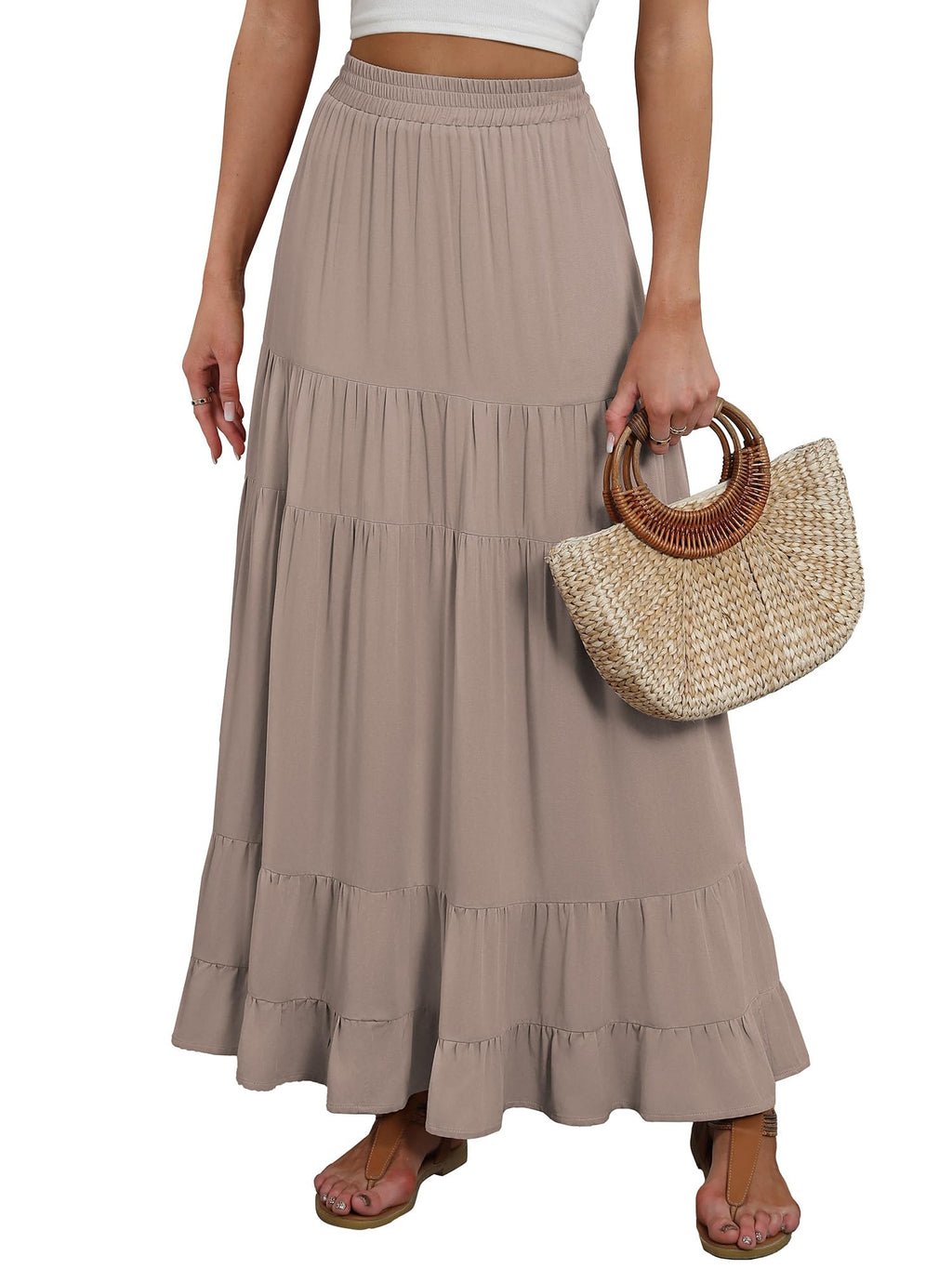 ANRABESS Womens Maxi Skirt Elastic High Waist Swing Tiered A-line Flowy Pleated Boho Beach Vacation Long Skirts Tan Brown Medium