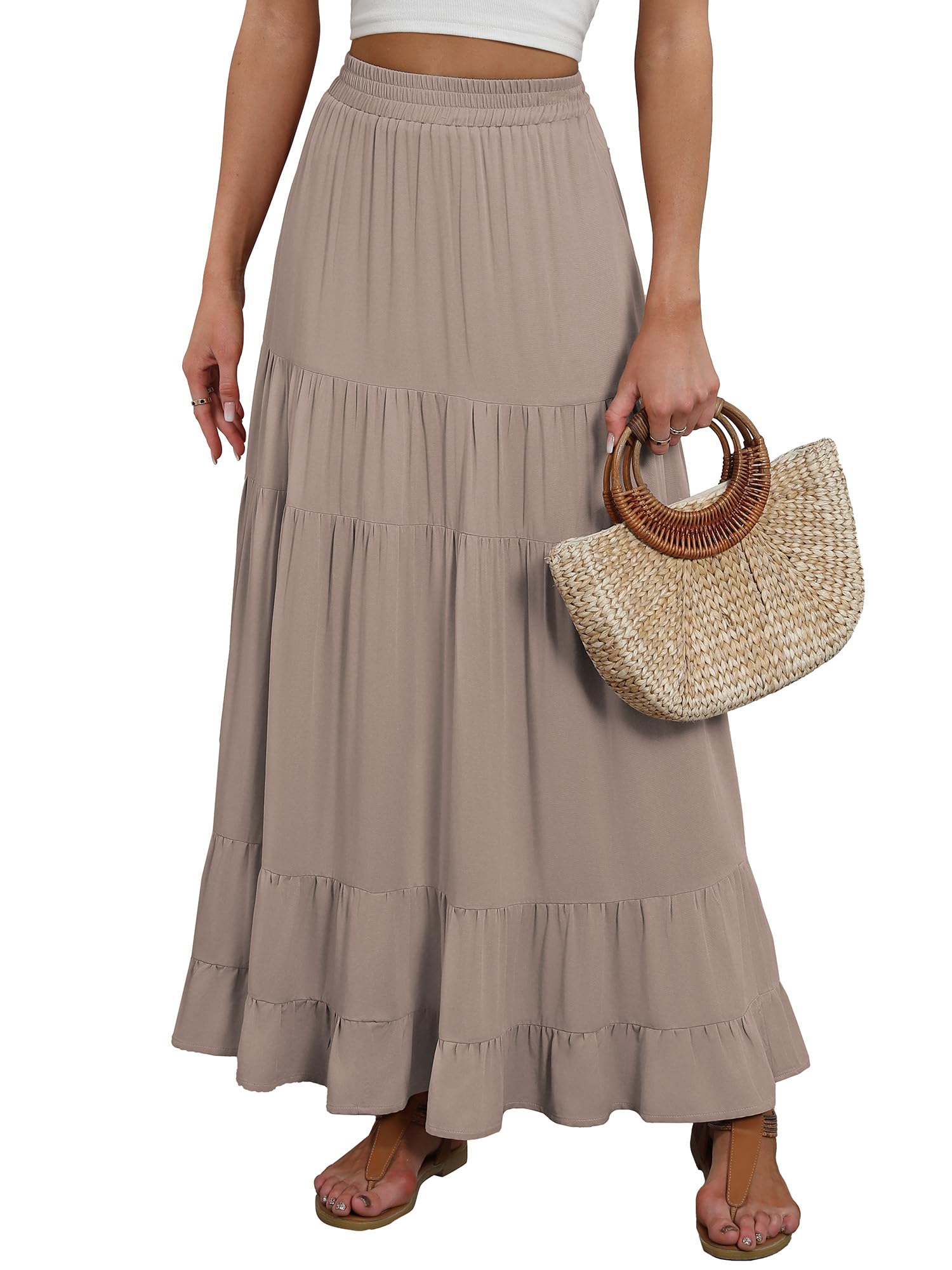ANRABESS Womens Maxi Skirt Elastic High Waist Swing Tiered A-line Flowy Pleated Boho Beach Vacation Long Skirts Tan Brown Medium