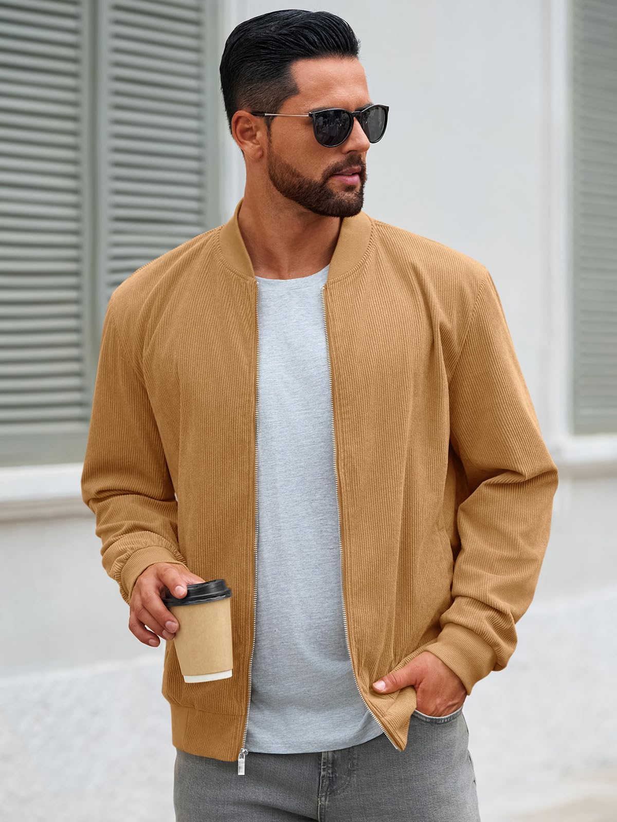 Runcati Mens Corduroy Bomber Jacket Lightweight Zip Up Casual Vintage Fall Varsity Jacket with Pockets