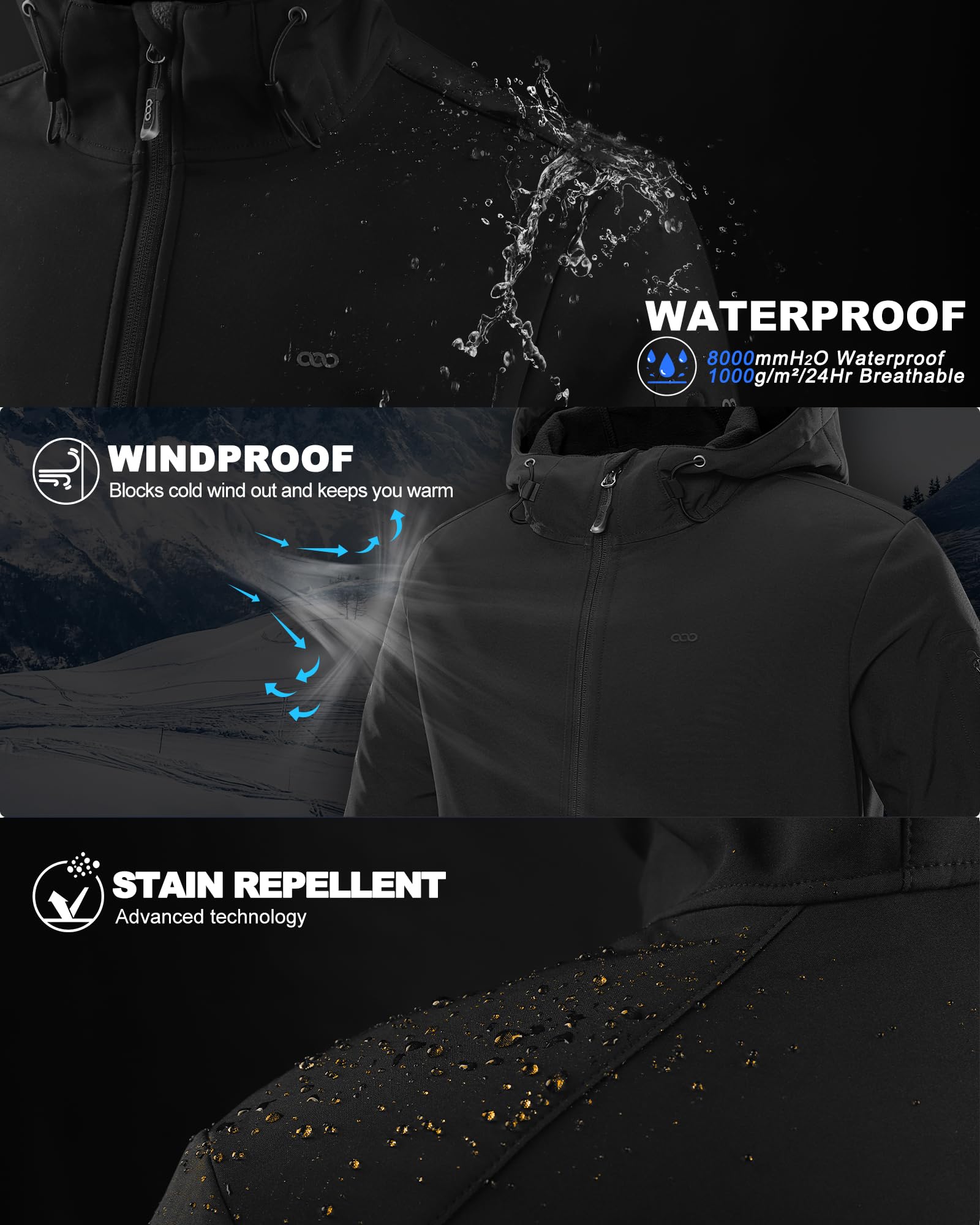 33,000ft Men's Hooded Softshell Jacket Waterproof Lightweight Insulated Windbreaker Fleece Lined Rain Shell Jacket