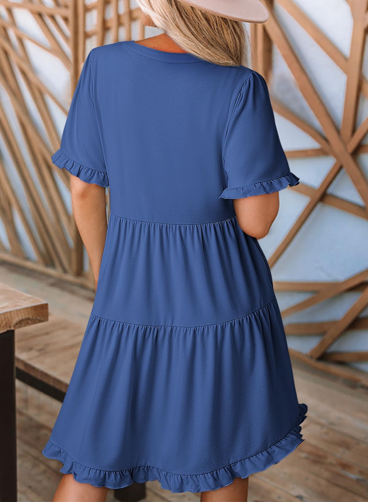 Dokotoo Women's Casual Dress Short Sleeve Spring Summer Dresses for Women 2025 V Neck A Line Elegant Casual Flowy Babydoll Mini Dress for Wedding Guest or Graduation Plus Size Blue Dresses M