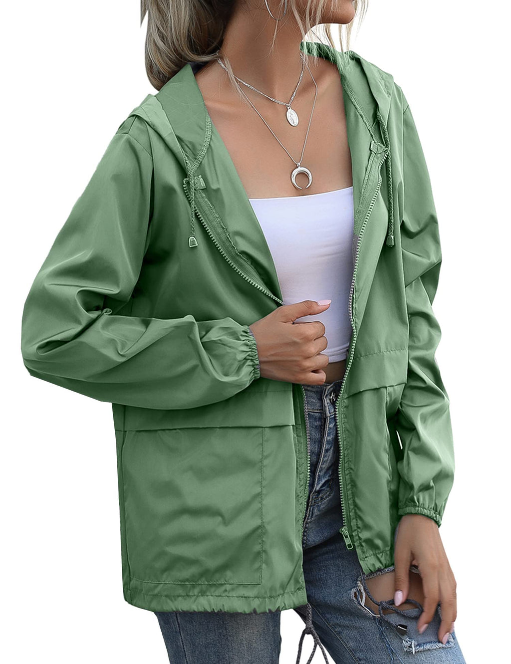 JMinger Women's Raincoats Waterproof Casual Lightweight Windbreaker with Hood for Outdoor Green