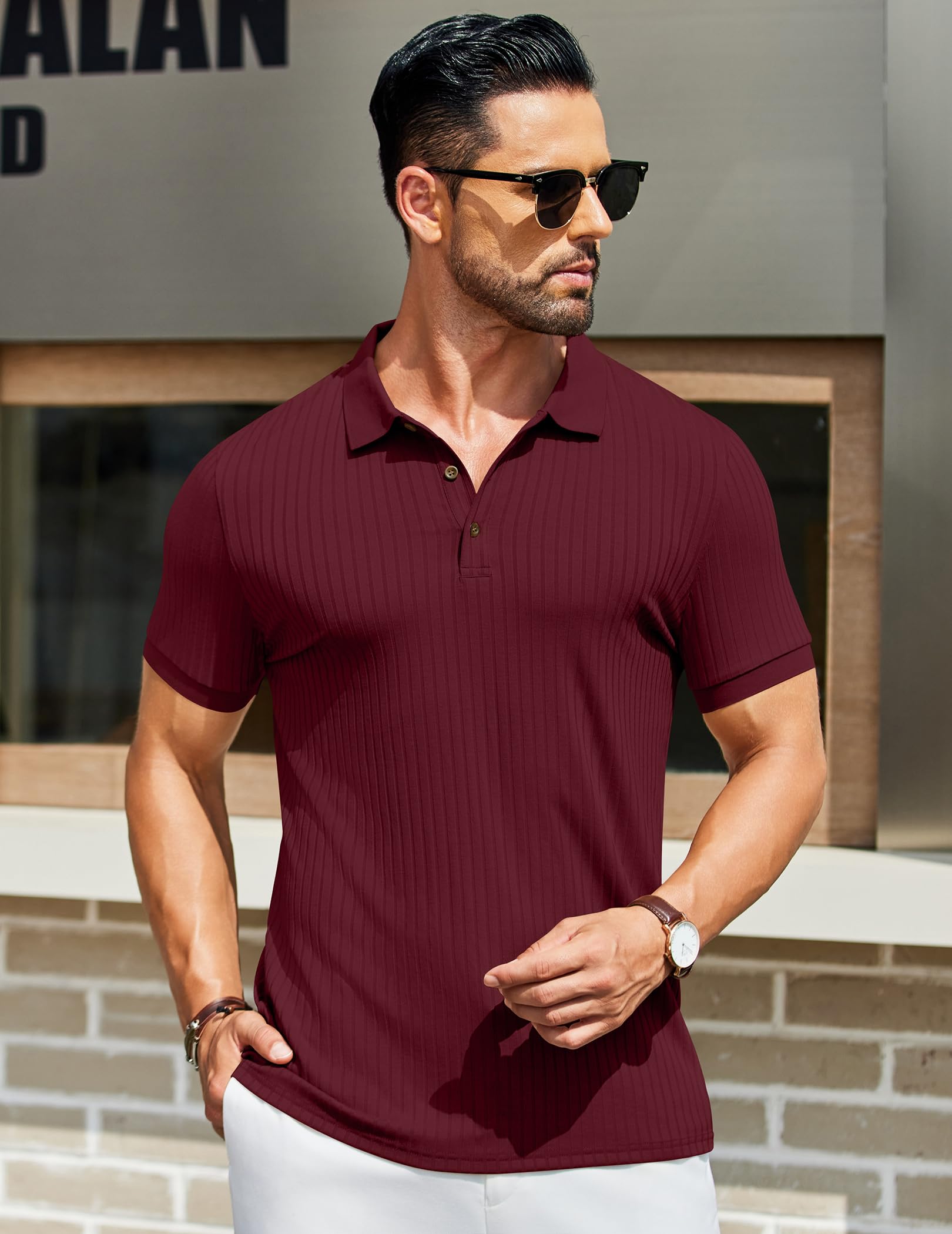 COOFANDY Men's Golf Polos Casual Textured Polo Shirts Short Sleeve Slim Fitted Sport Polo T-Shirts Summer Collared Tops