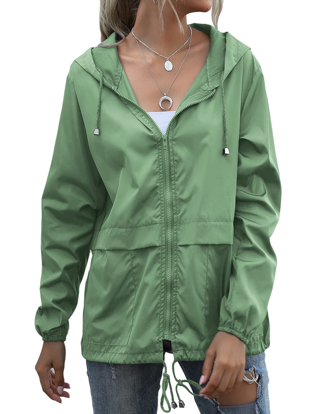 JMinger Women's Raincoats Waterproof Casual Lightweight Windbreaker with Hood for Outdoor Green
