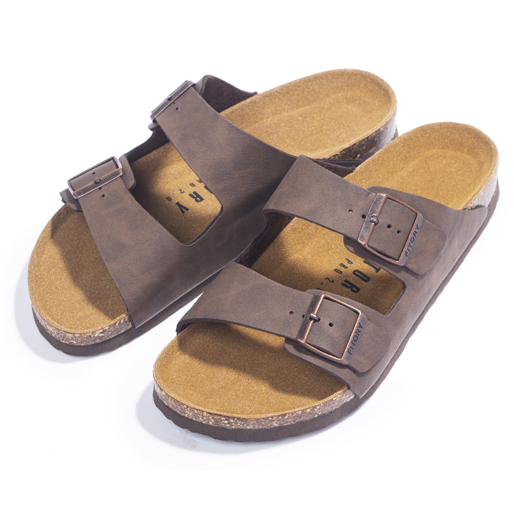 FITORY Mens Sandals, Arch Support Slides with Adjustable Buckle Straps and Cork Footbed Brown Size 10