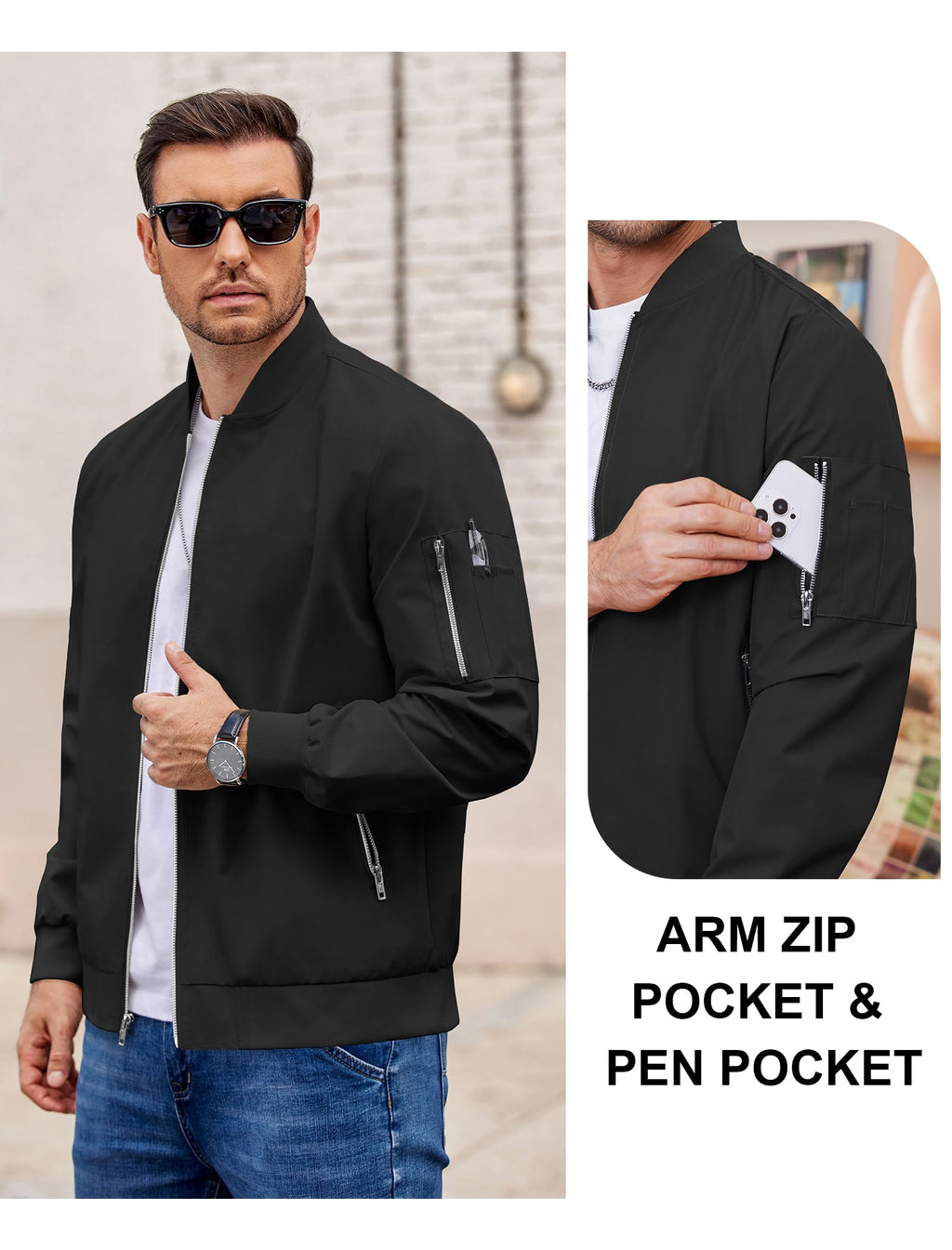 COOFANDY Mens Jacket Black Lightweight Bomber Jackets Coat Casual Spring Fall Windbreakers With Zippered Pocket XXL
