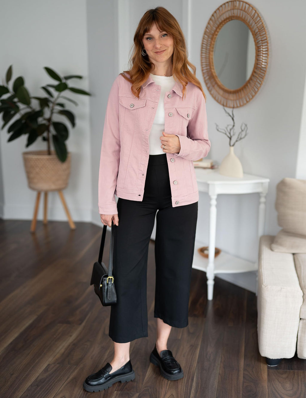 luvamia Women's Classic Casual Long Sleeves Jacket Basic Button Down Trucker Jacket Coat Womens Jean Jacket Spring Jackets For Women Pink Large Fits Size 12 / Size 14