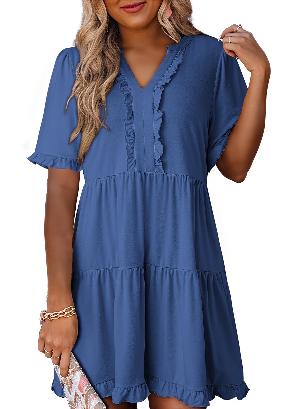 Dokotoo Women's Casual Dress Short Sleeve Spring Summer Dresses for Women 2025 V Neck A Line Elegant Casual Flowy Babydoll Mini Dress for Wedding Guest or Graduation Plus Size Blue Dresses M
