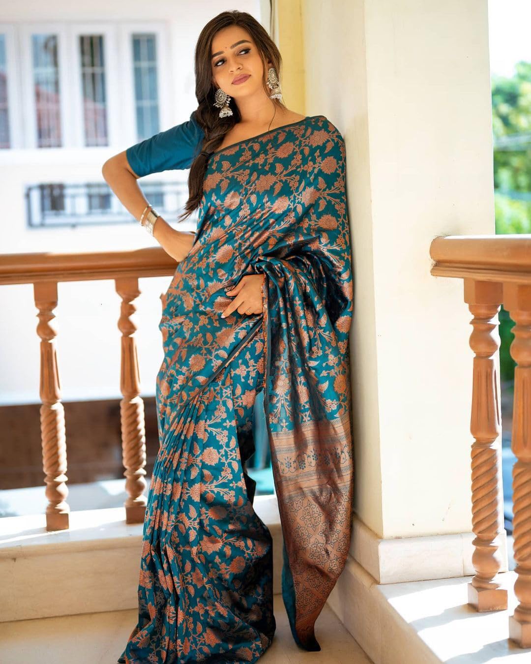 Jaanvi fashion Women's Kanchipuram Silk Saree With Zari Work & Unstitched Blouse Piece (elora-teal-blue)