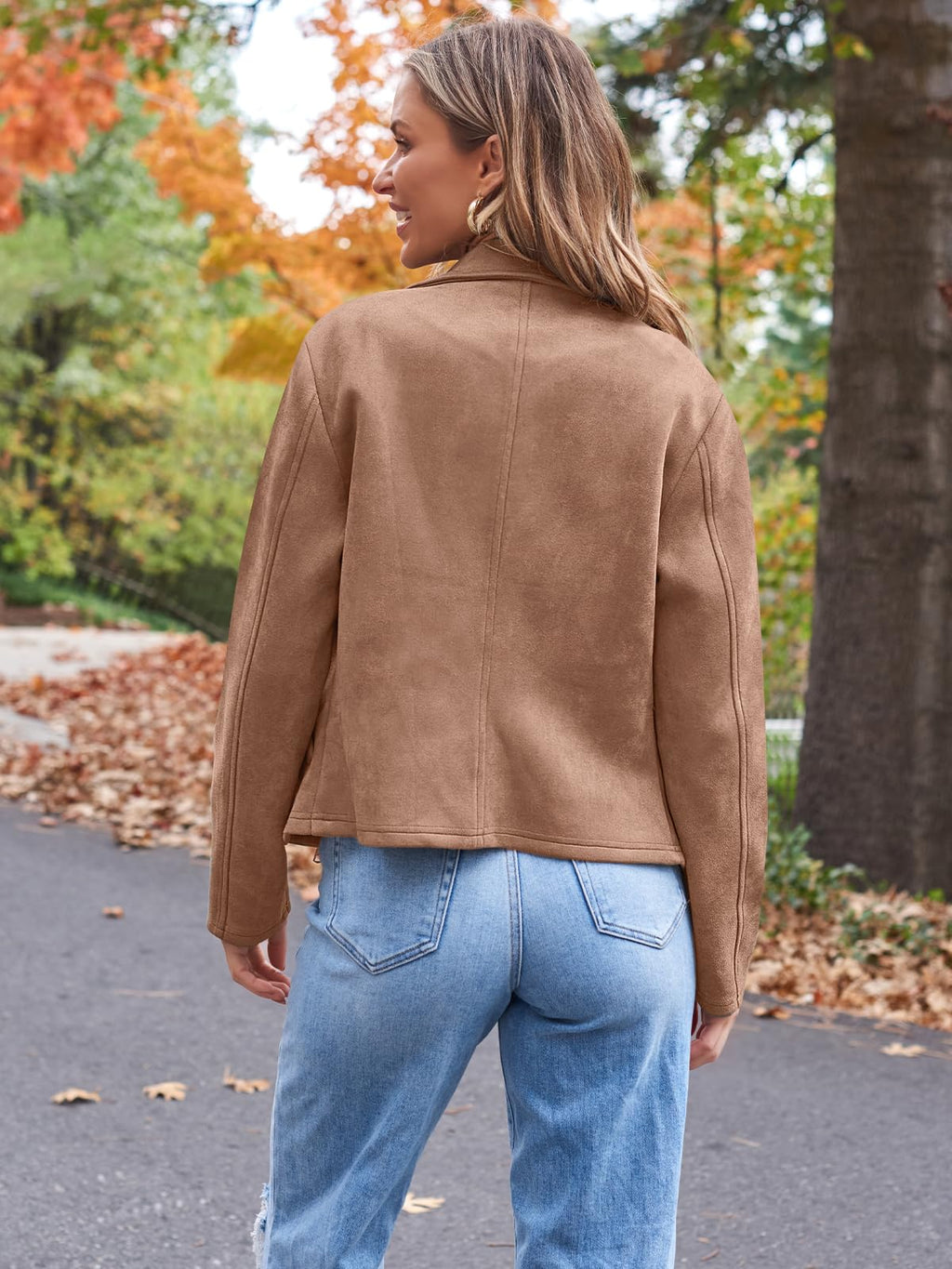 AUTOMET Womens Faux Leather Jackets Suede Fall Fashion 2025 Outfits Winter Clothes Open Front Cropped Coat Outwear Camel L