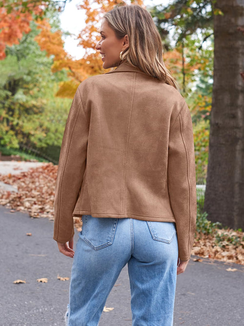 AUTOMET Womens Faux Leather Jackets Suede Fall Fashion 2025 Outfits Winter Clothes Open Front Cropped Coat Outwear Camel L