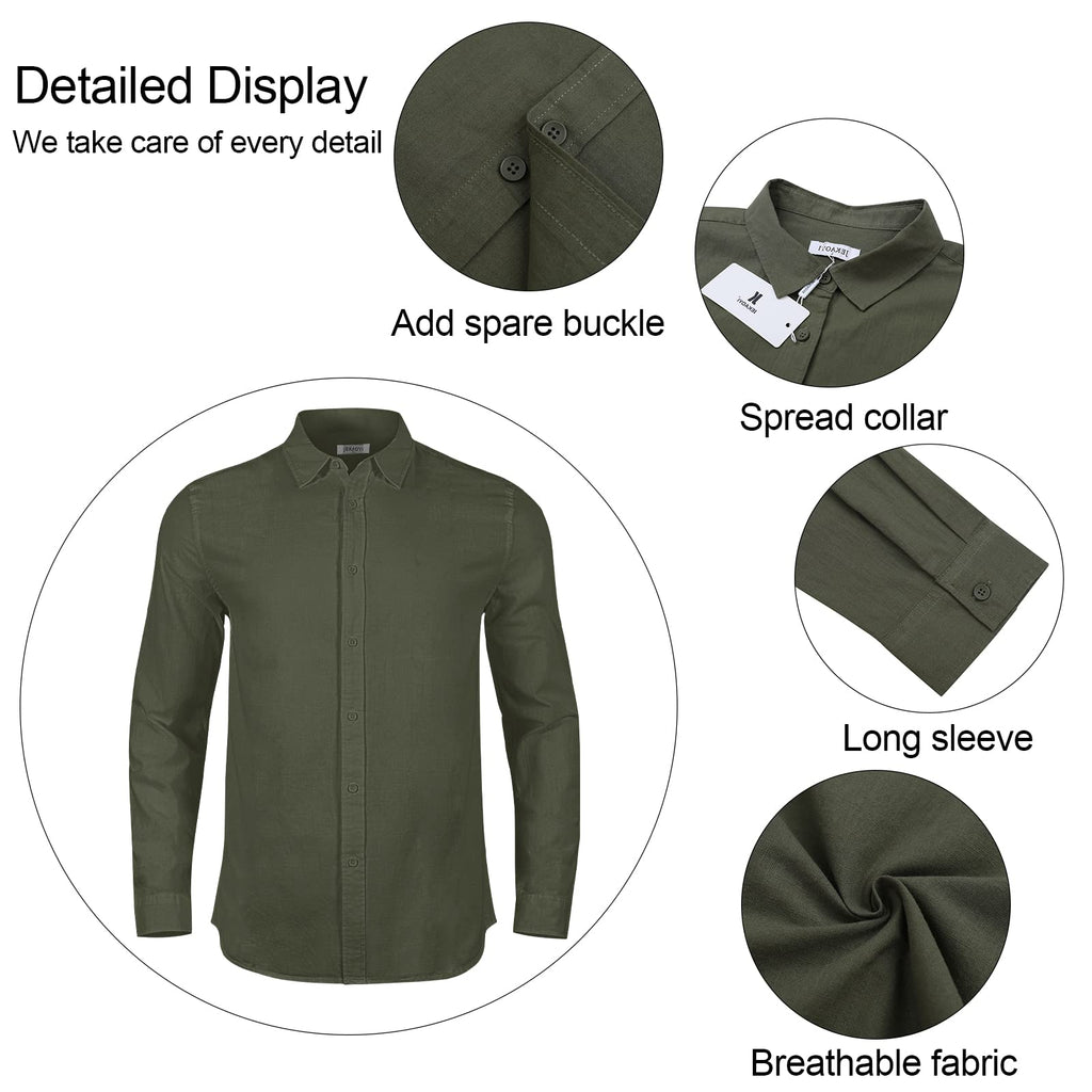 Mens Casual Long Sleeve Cotton Linen Shirts Buttons Down Solid Plain Roll-Up Sleeve Summer Beach Shirts