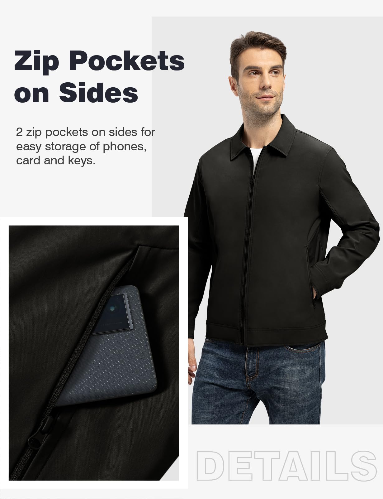 TBMPOY Men's Lightweight Jackets Casual Windbreaker Stylish Light Fall Spring Golf Work Dress Business Black M