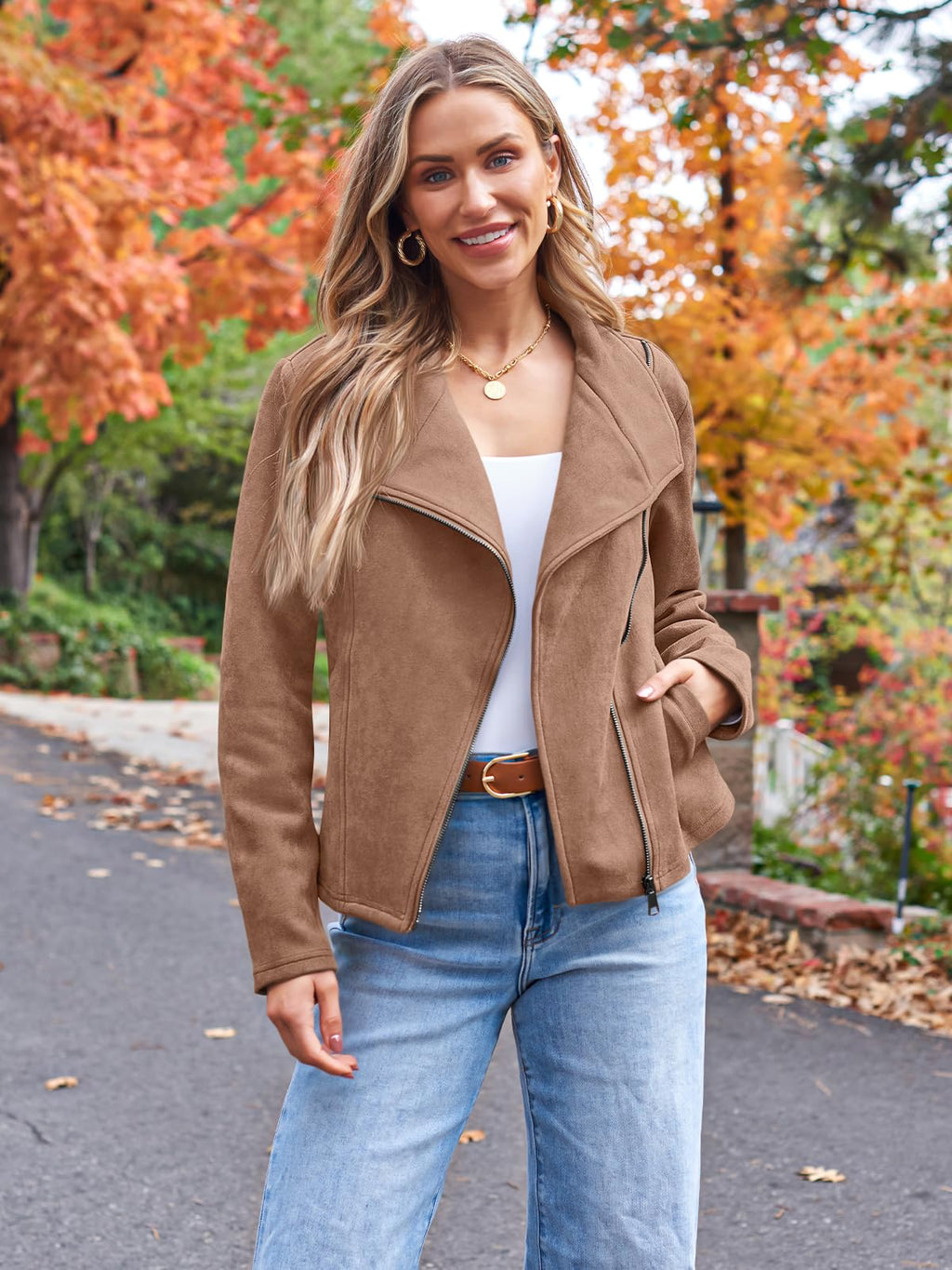 AUTOMET Womens Faux Leather Jackets Suede Fall Fashion 2025 Outfits Winter Clothes Open Front Cropped Coat Outwear Camel L