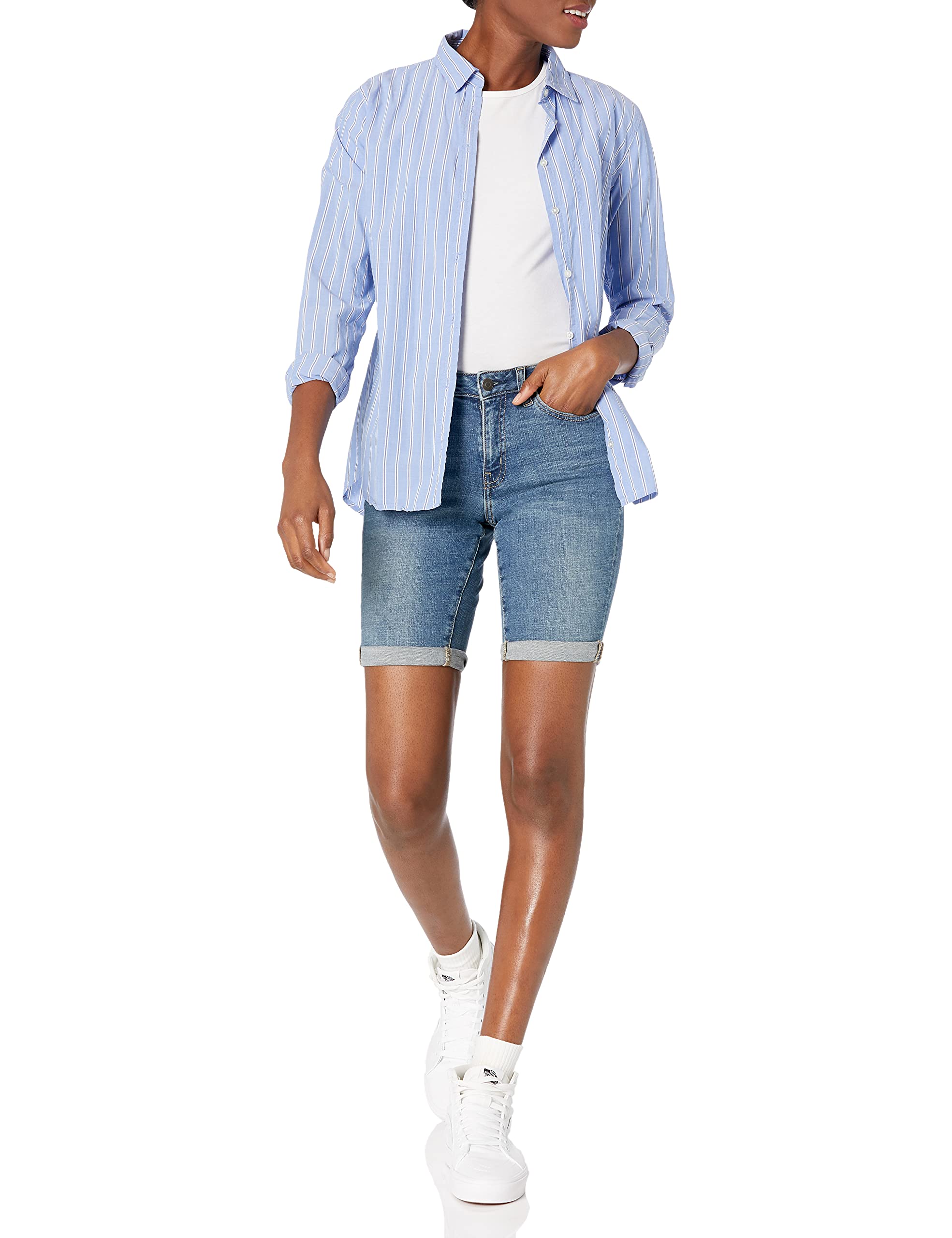 Amazon Essentials Women's Mid-Rise Slim fit Denim Bermuda Shorts with Pockets, Medium Wash, Size 16