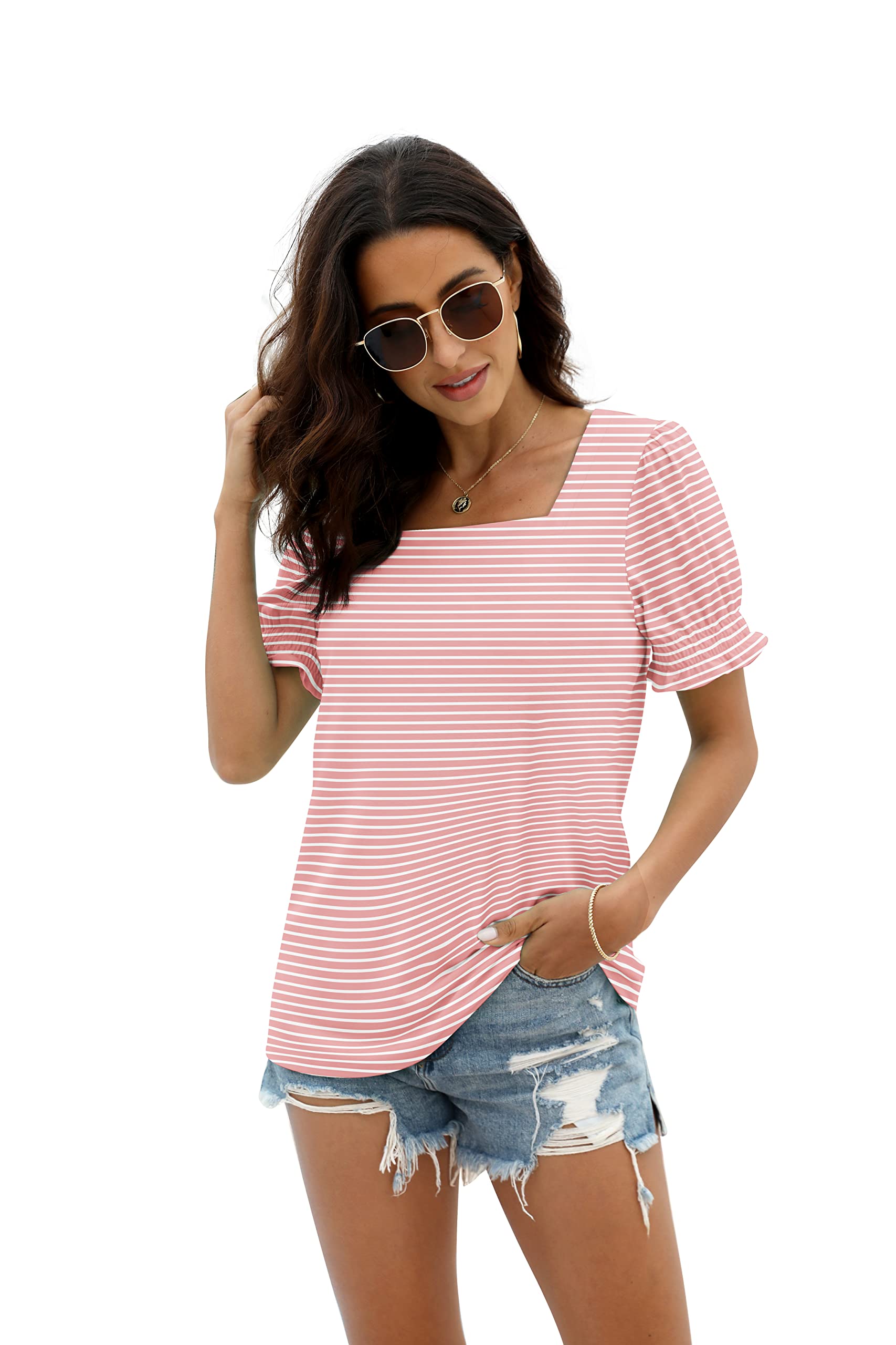 WIHOLL Blouses for Women Clothing Dressy Casual Short Puff Sleeve Square Neck Shirts Business Pink Stripe 2XL