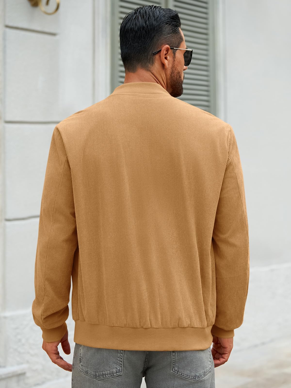 Runcati Mens Corduroy Bomber Jacket Lightweight Zip Up Casual Vintage Fall Varsity Jacket with Pockets