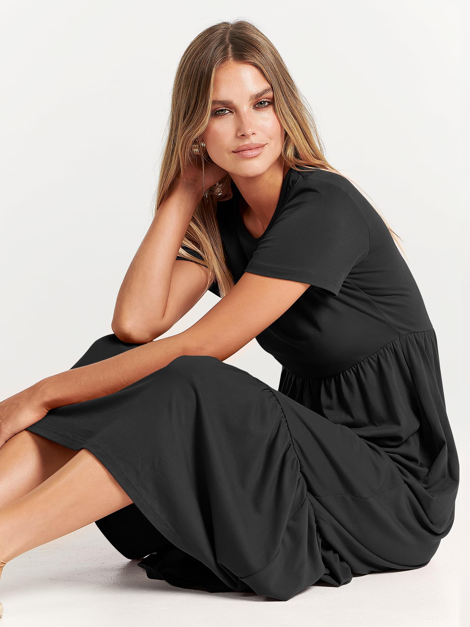 ANRABESS Womens 2025 Summer Casual Maxi Dress A line Tiered Flowy Short Sleeve Crewneck T Shirt Beach Travel Long Dresses Black X-Large