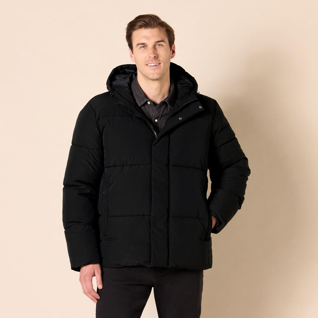 Amazon Essentials Men's Mid-Length Hooded Puffer Coat (Available in Big & Tall), Black, Medium