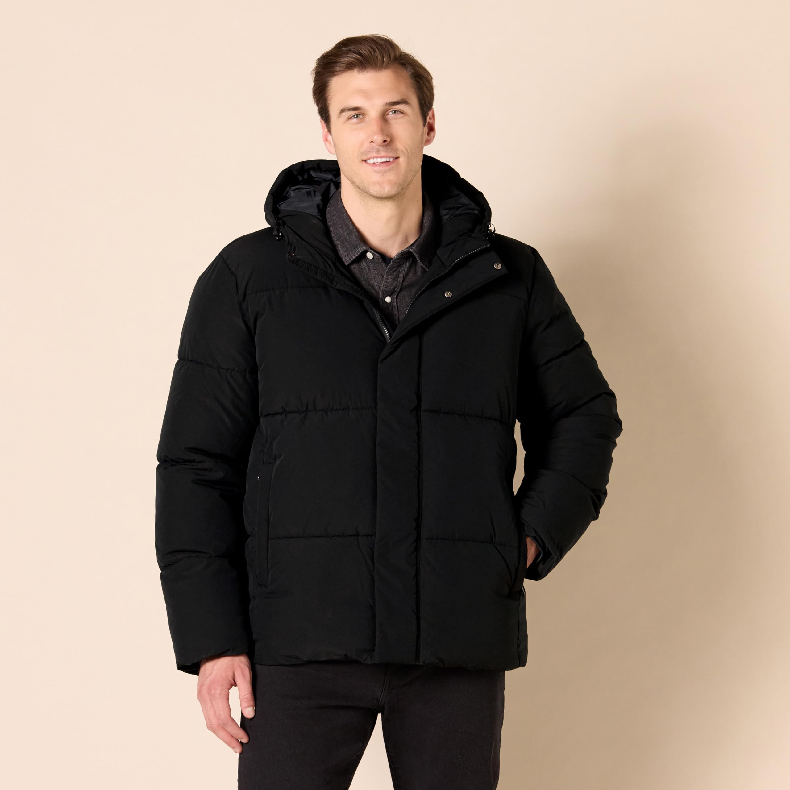 Amazon Essentials Men's Mid-Length Hooded Puffer Coat (Available in Big & Tall), Black, Medium