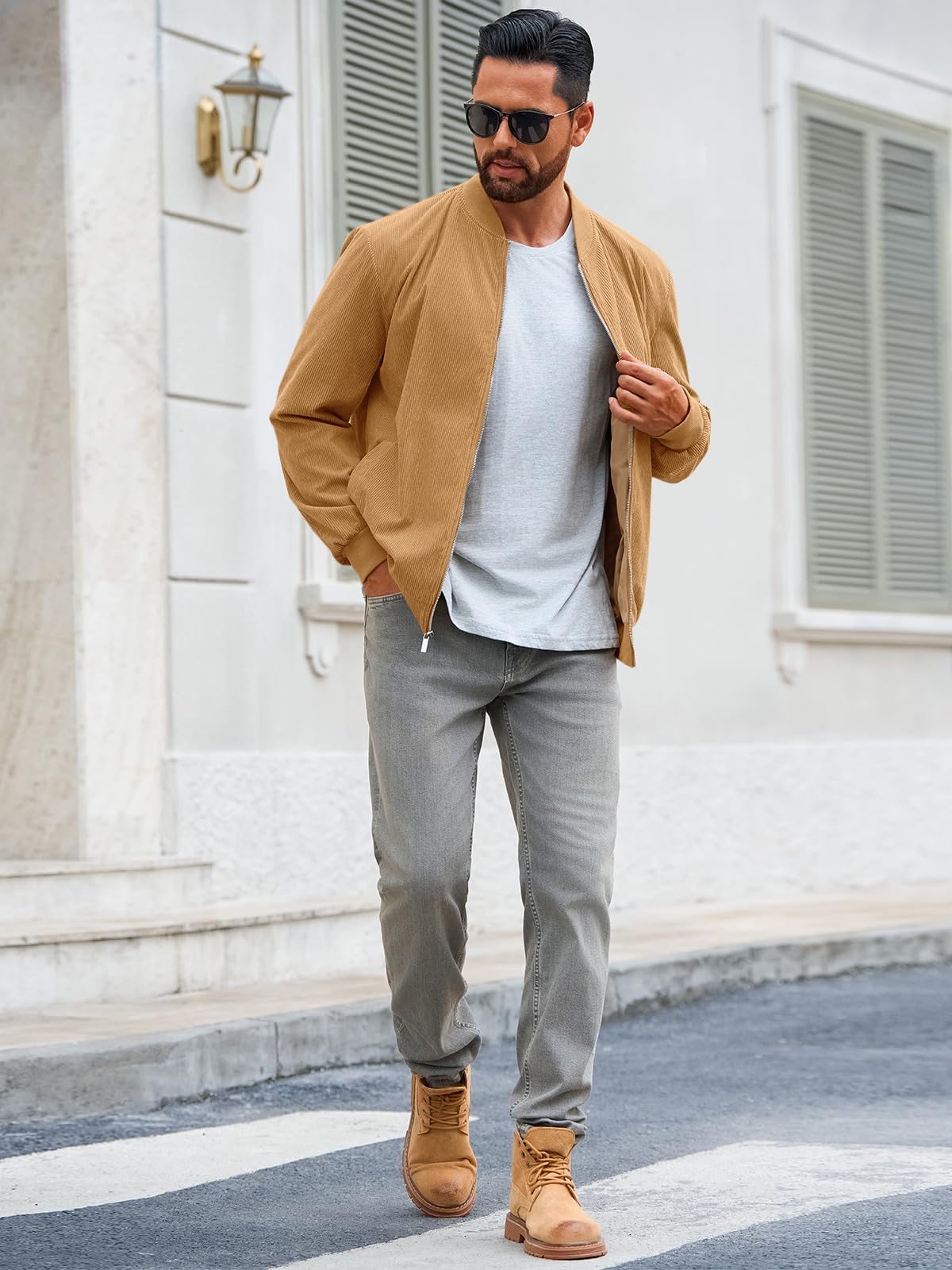 Runcati Mens Corduroy Bomber Jacket Lightweight Zip Up Casual Vintage Fall Varsity Jacket with Pockets