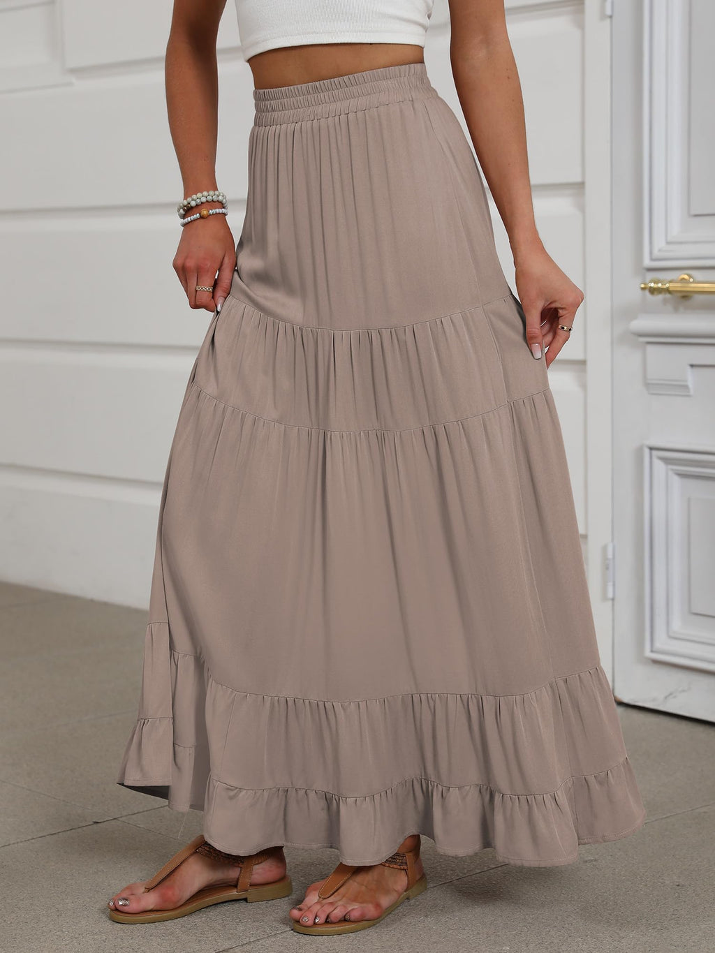 ANRABESS Womens Maxi Skirt Elastic High Waist Swing Tiered A-line Flowy Pleated Boho Beach Vacation Long Skirts Tan Brown Medium