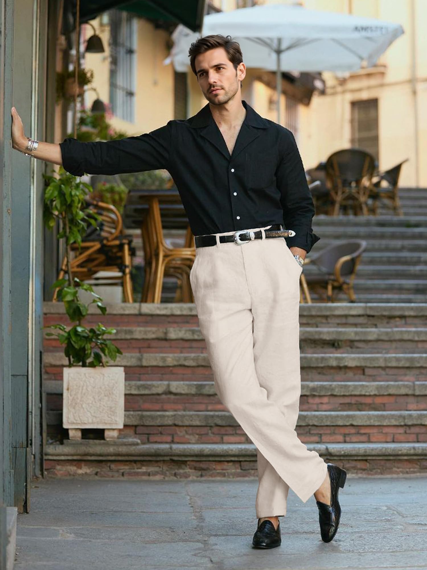 HOTake Men's Linen Dress Pants Casual Drawstring Summer Beach Trousers for Men Straight Fit M(34) Beige