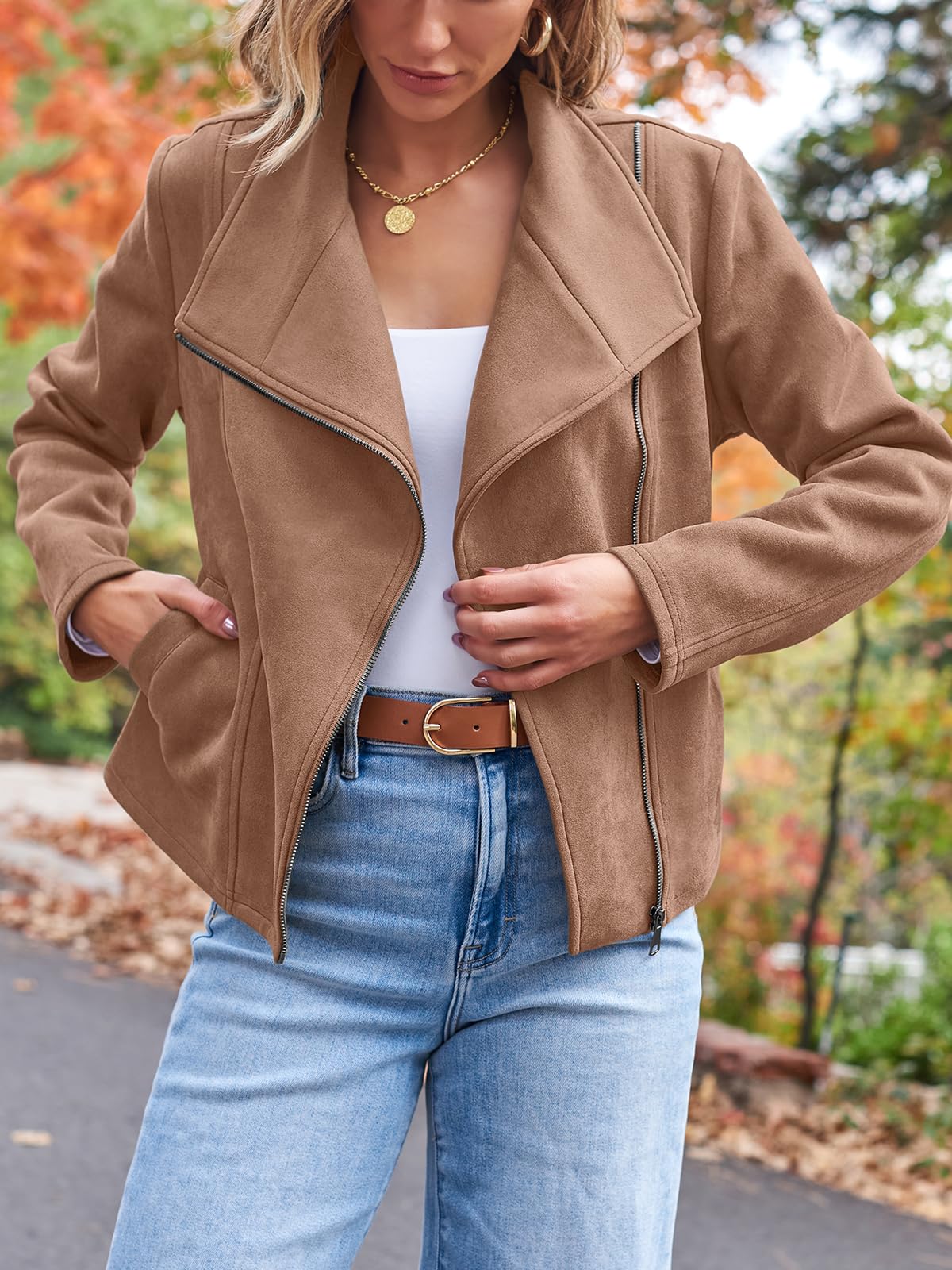 AUTOMET Womens Faux Leather Jackets Suede Fall Fashion 2025 Outfits Winter Clothes Open Front Cropped Coat Outwear Camel L