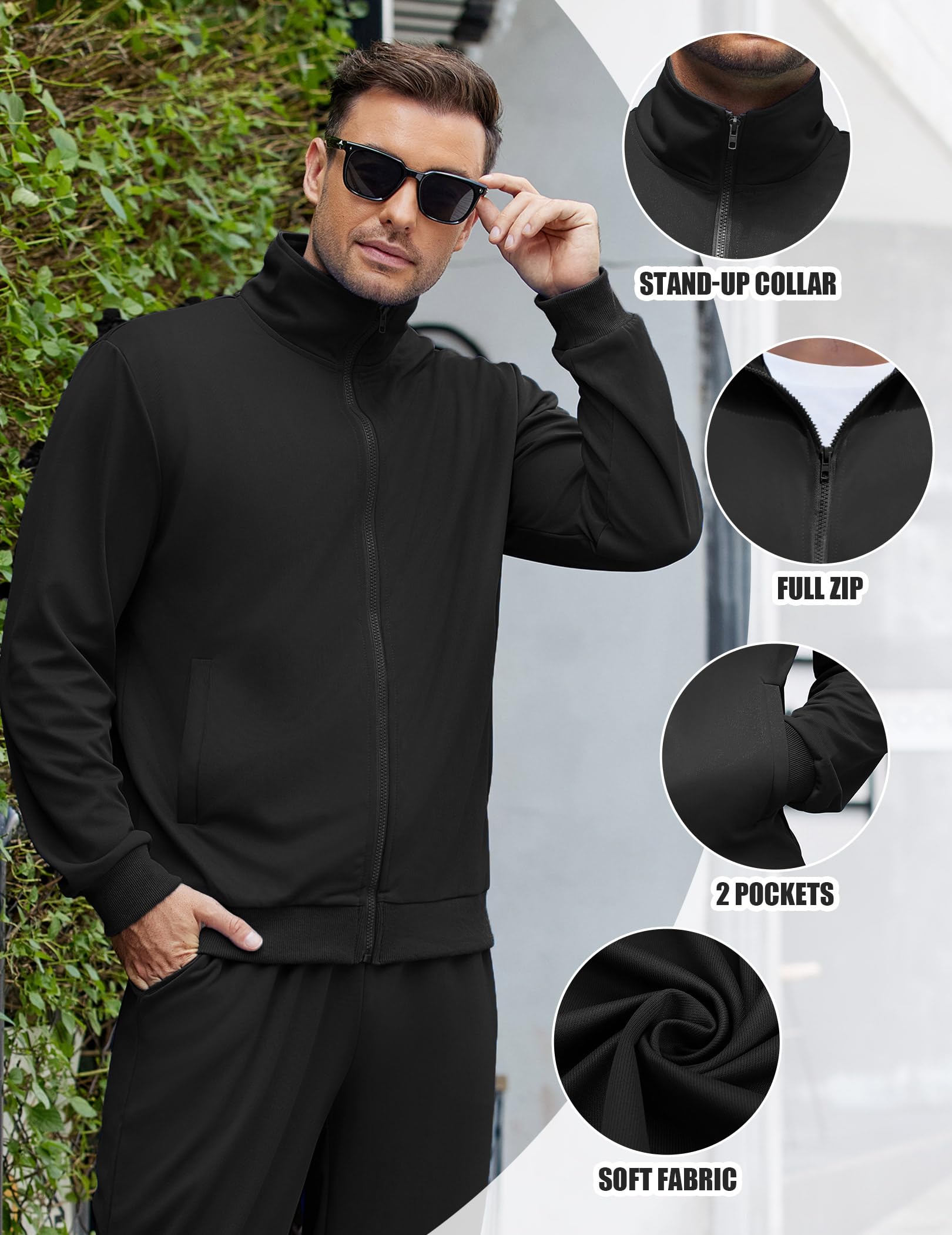 COOFANDY Men's Sweatsuit 2 Piece Casual Athletic Tracksuit Jogging Warm Up Full Zip Sets Black Track Suit Large