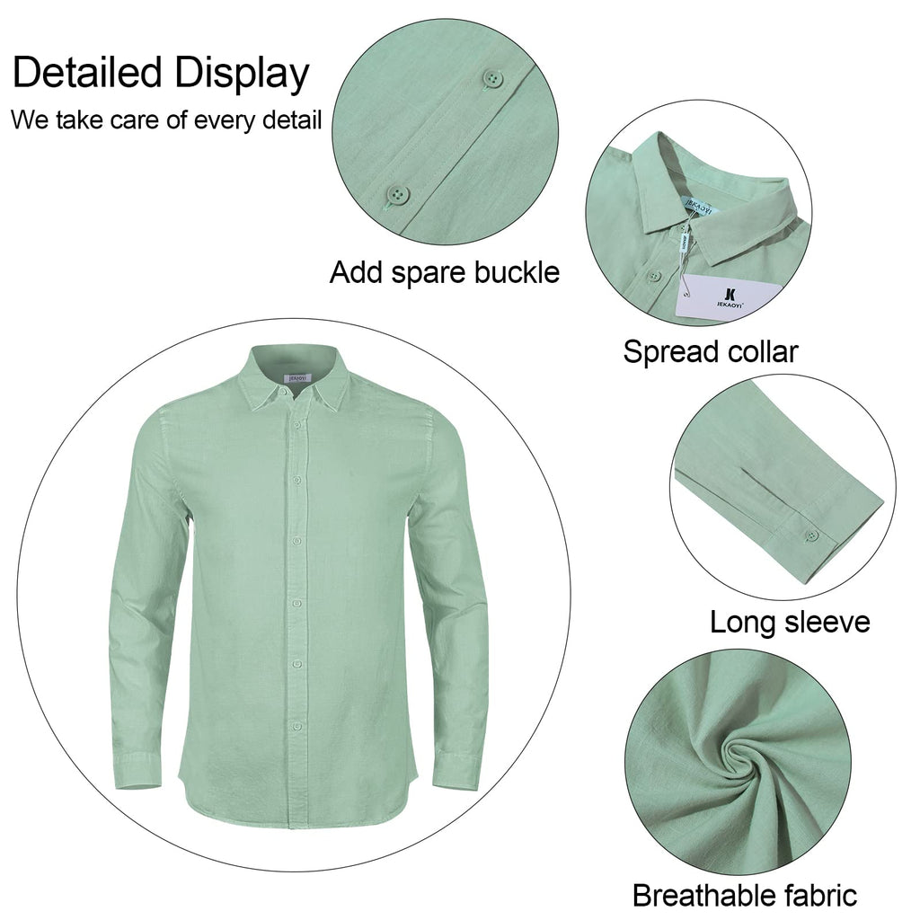 Mens Casual Long Sleeve Cotton Linen Shirts Buttons Down Solid Plain Roll-Up Sleeve Summer Beach Shirts