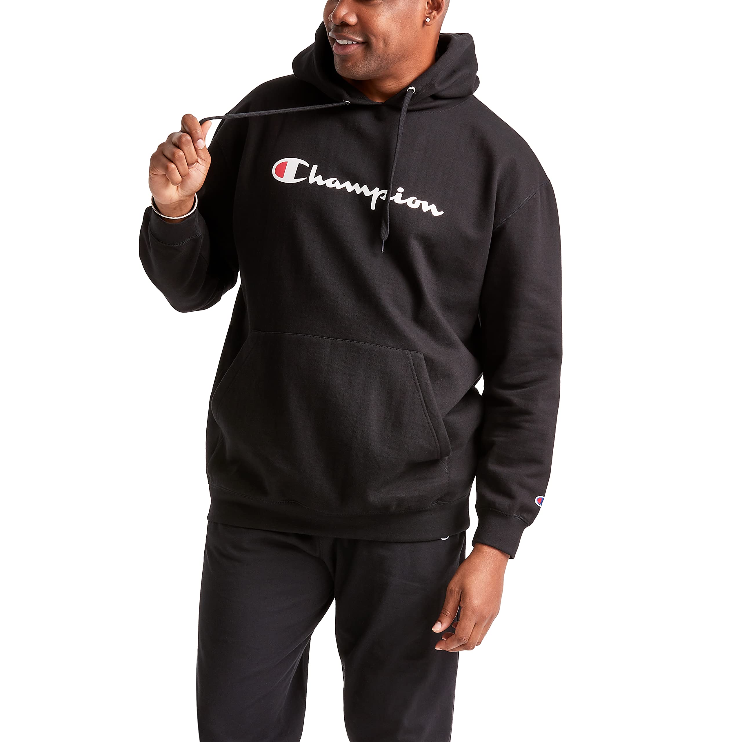 Champion Men's Pullover Fleece Hoodie, Standard Fit, Midweight, Available in Regular and Big & Tall, Black-Classic Script Logo, Medium
