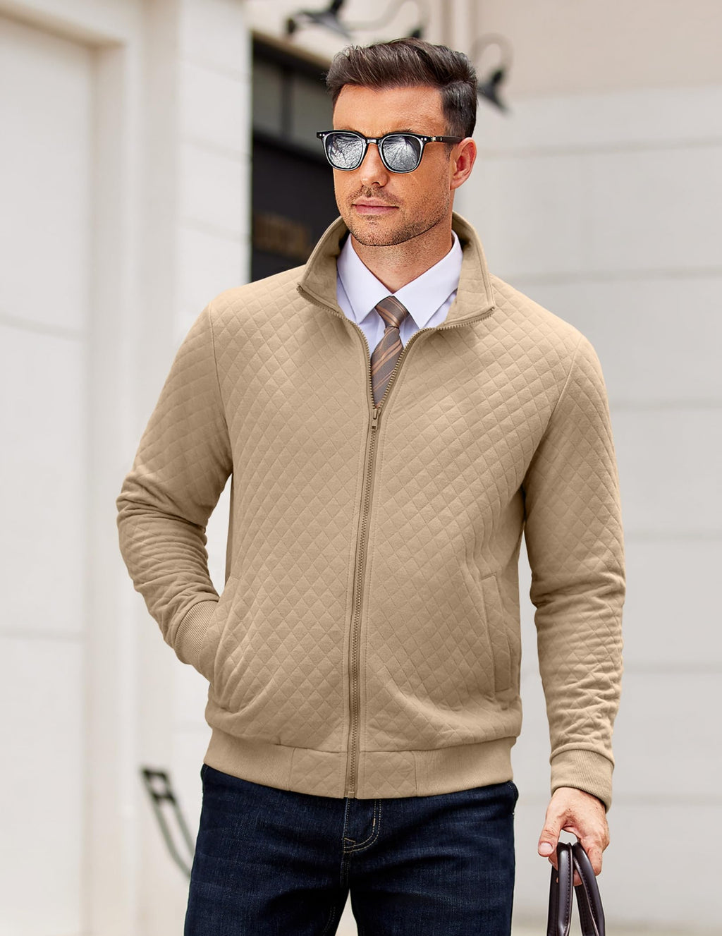 COOFANDY Men's Quilted Jackets Full Zip Mock Neck Sweatshirts Lightweight Hoodless Jacket Fall 2025 Khaki