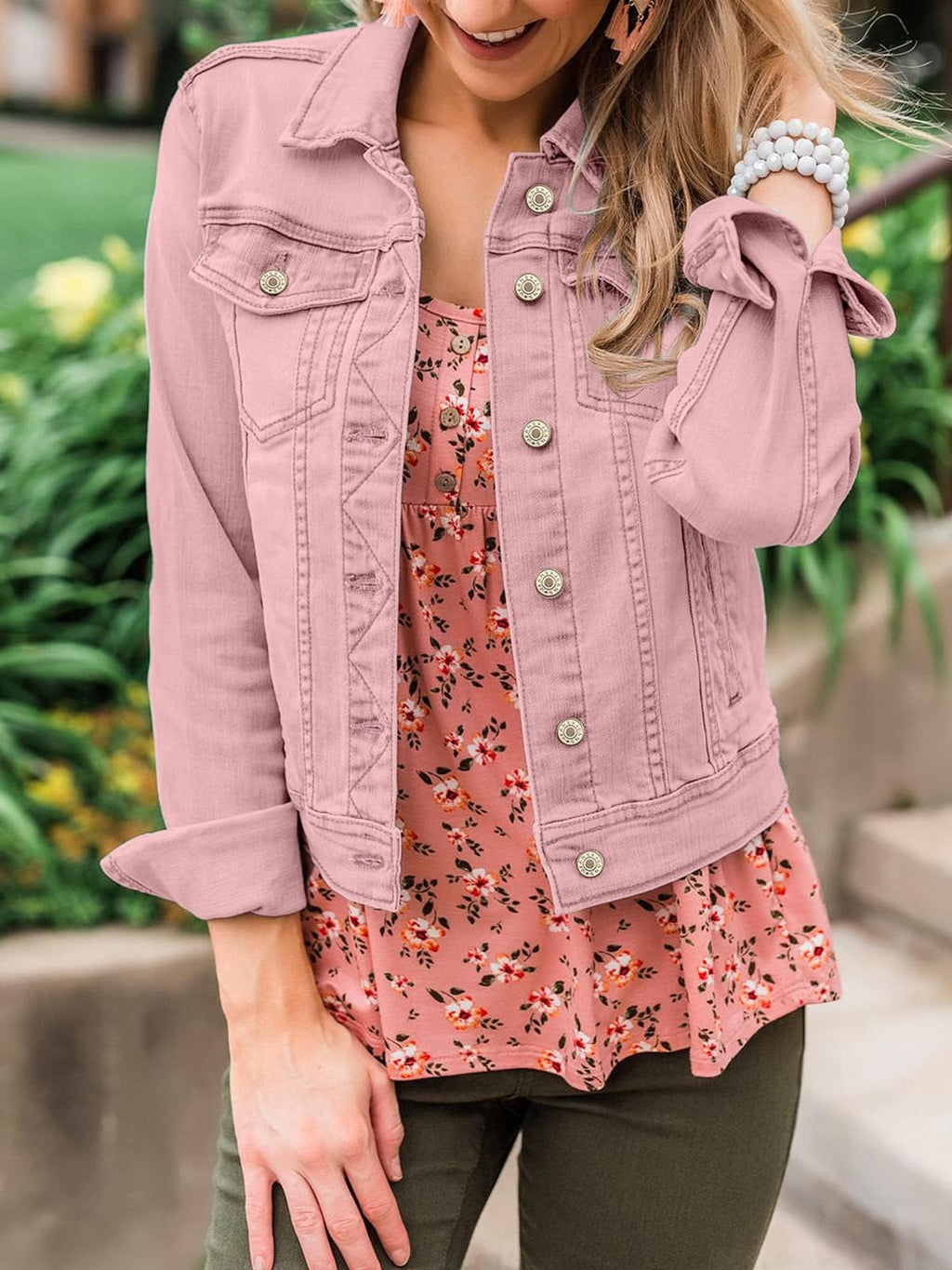 luvamia Women's Classic Casual Long Sleeves Jacket Basic Button Down Trucker Jacket Coat Womens Jean Jacket Spring Jackets For Women Pink Large Fits Size 12 / Size 14