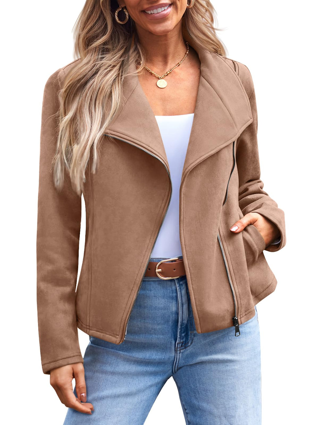 AUTOMET Womens Faux Leather Jackets Suede Fall Fashion 2025 Outfits Winter Clothes Open Front Cropped Coat Outwear Camel L