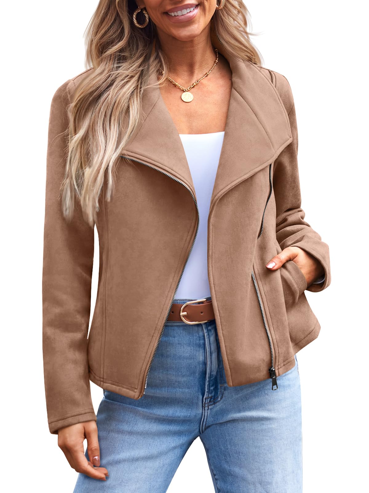 AUTOMET Womens Faux Leather Jackets Suede Fall Fashion 2025 Outfits Winter Clothes Open Front Cropped Coat Outwear Camel L