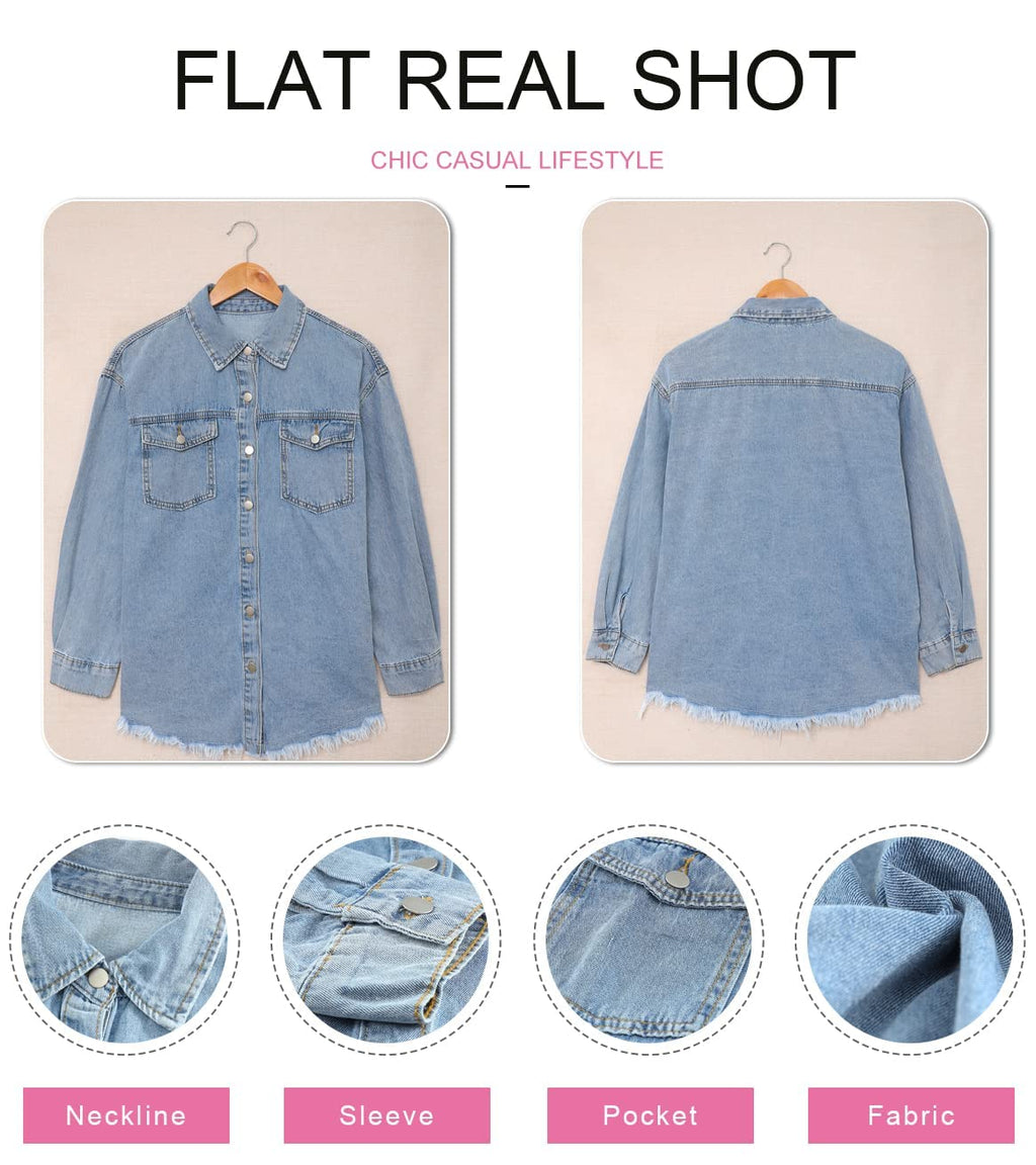 Dokotoo Womens Washed Boyfriend Oversized Lapel Button Up Long Sleeve Denim Trucker Jacket Distressed Ripped Denim Jackets Fashion Distressed Jean Jacket for Women with Pockets,(US 12-14) L,Sky Blue