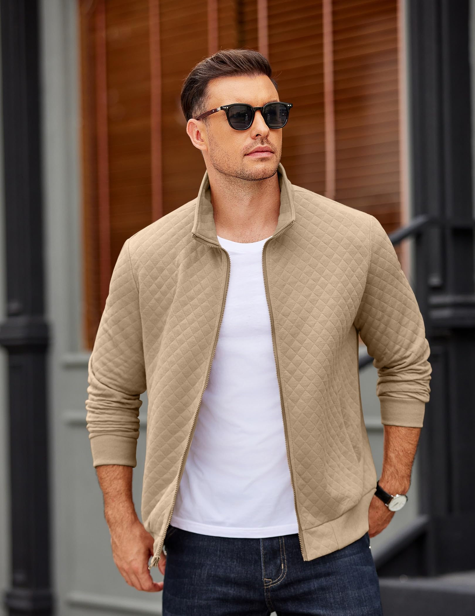 COOFANDY Men's Quilted Jackets Full Zip Mock Neck Sweatshirts Lightweight Hoodless Jacket Fall 2025 Khaki