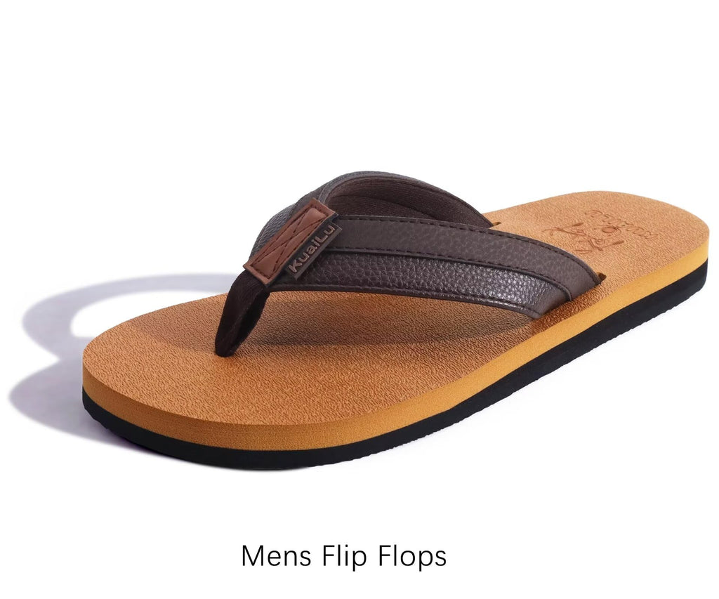 KuaiLu Mens Leather Flip Flops Arch Support Summer Beach Pool Water Thong Sandals Waterproof Outfits Travel Essentials Walking Shoes Slip on Orthotic Casual Sport Cushion Slides Slippers Khaki Size 10