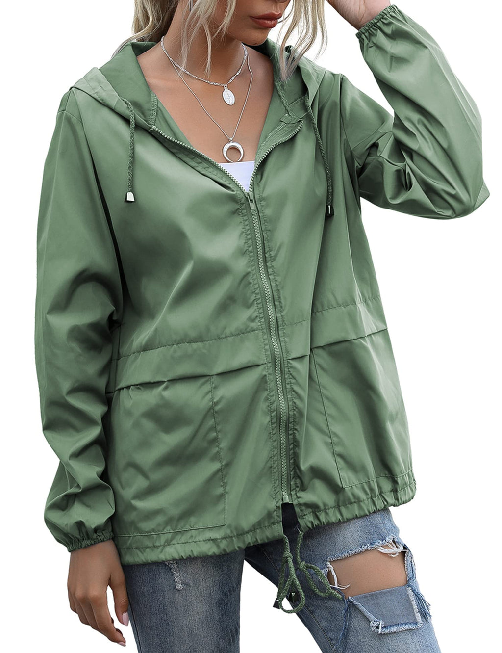 JMinger Women's Raincoats Waterproof Casual Lightweight Windbreaker with Hood for Outdoor Green