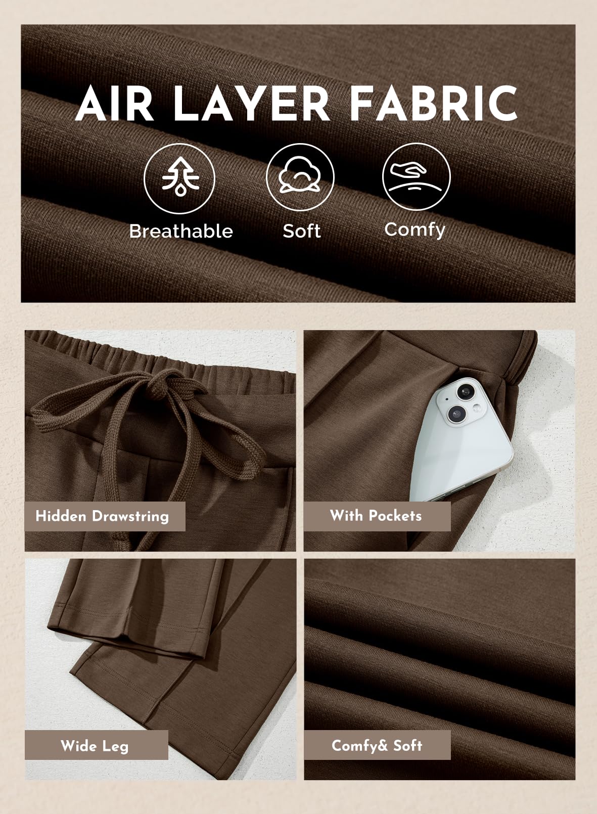 Aleumdr Women's Wide Leg Sweatpants with Pockets Casual High Elastic Waist with Drawstring Loose Baggy Athletic Workout Comfy Flowy Lounge Flecce Lined Workout Pants for 2025 Fall Brown XX-Large