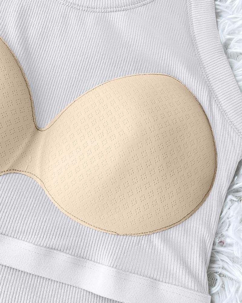 CHICME Women Built-in Bra Tank Tops Sleeveless Casual Shirts Racerback Ribbed Tank Tops White-M