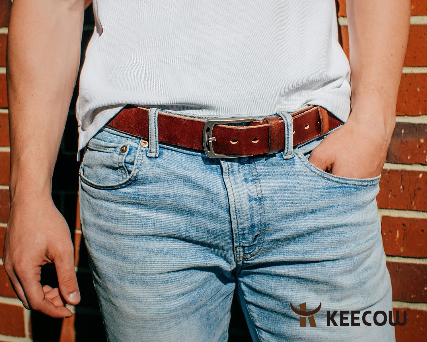 KEECOW Men's 100% Italian Cow Leather Belt Men With Anti-Scratch Buckle,Packed in a Box (1001-brown, 34-38)
