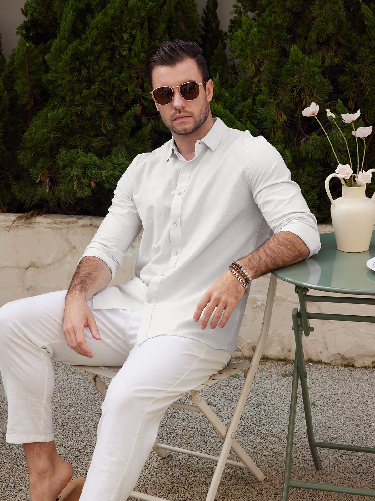 Mens Casual Long Sleeve Cotton Linen Shirts Buttons Down Solid Plain Roll-Up Sleeve Summer Beach Shirts