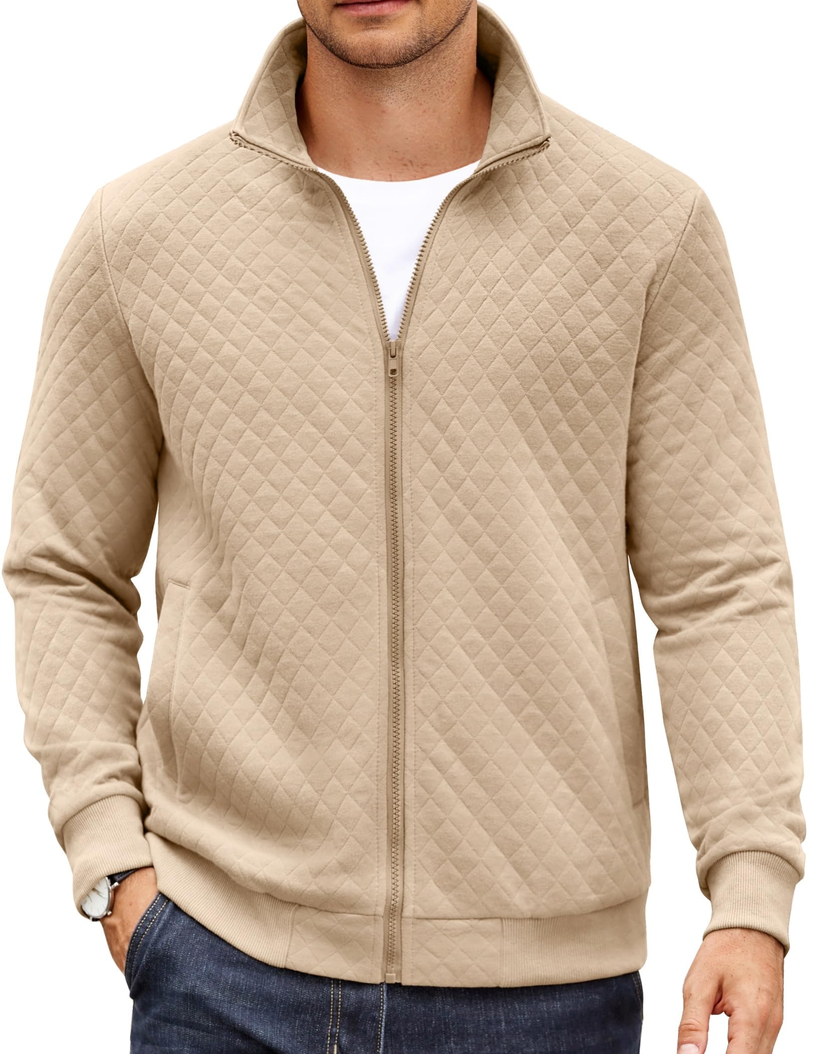 COOFANDY Men's Quilted Jackets Full Zip Mock Neck Sweatshirts Lightweight Hoodless Jacket Fall 2025 Khaki