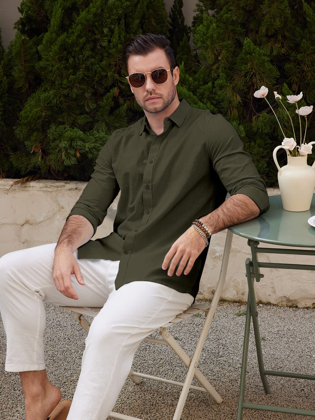Mens Casual Long Sleeve Cotton Linen Shirts Buttons Down Solid Plain Roll-Up Sleeve Summer Beach Shirts