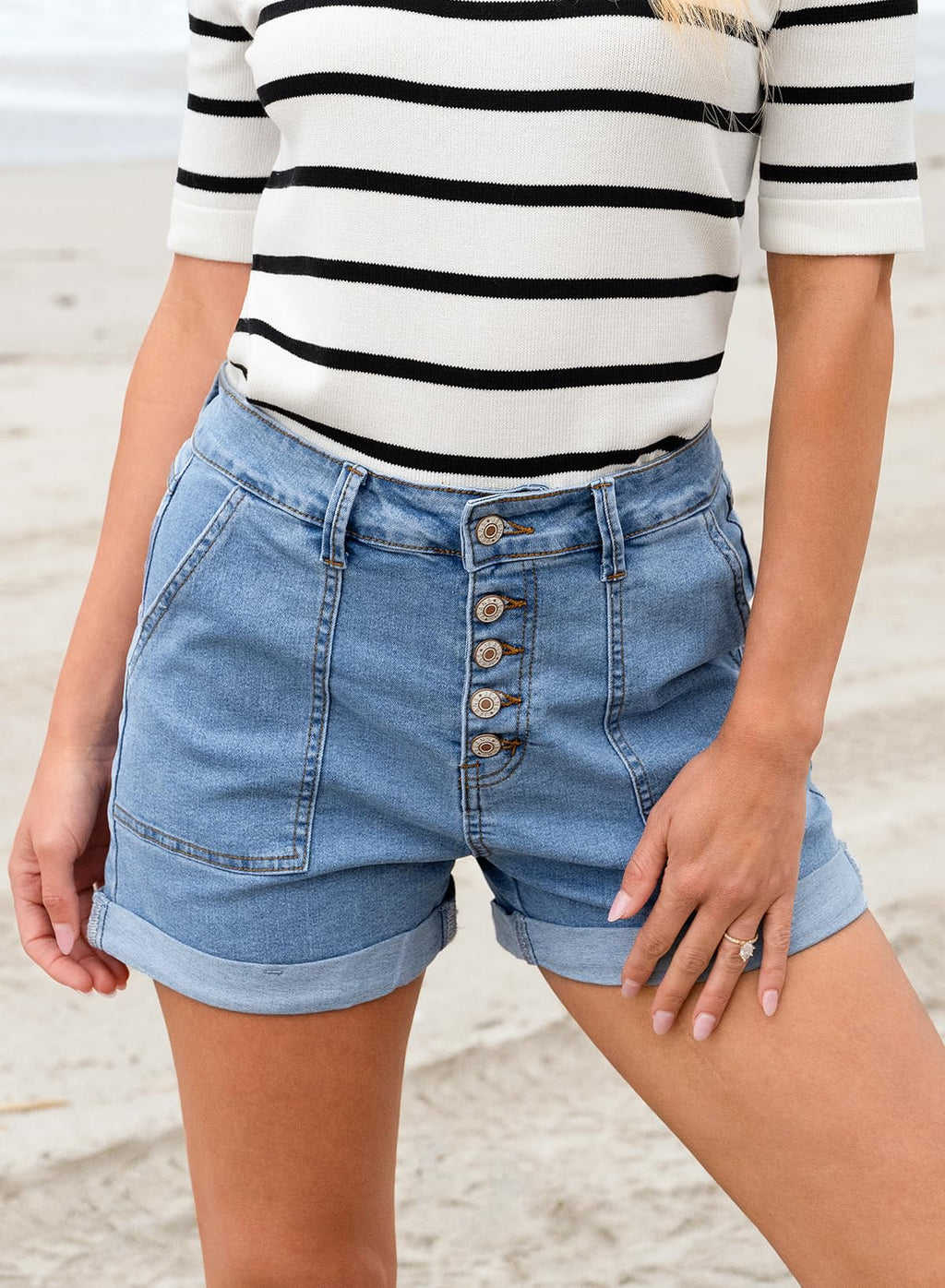 Sidefeel Womens Jean Shorts Summer High Waisted Stretchy Buttoned Folded Hem Denim Shorts Light Blue Size 14