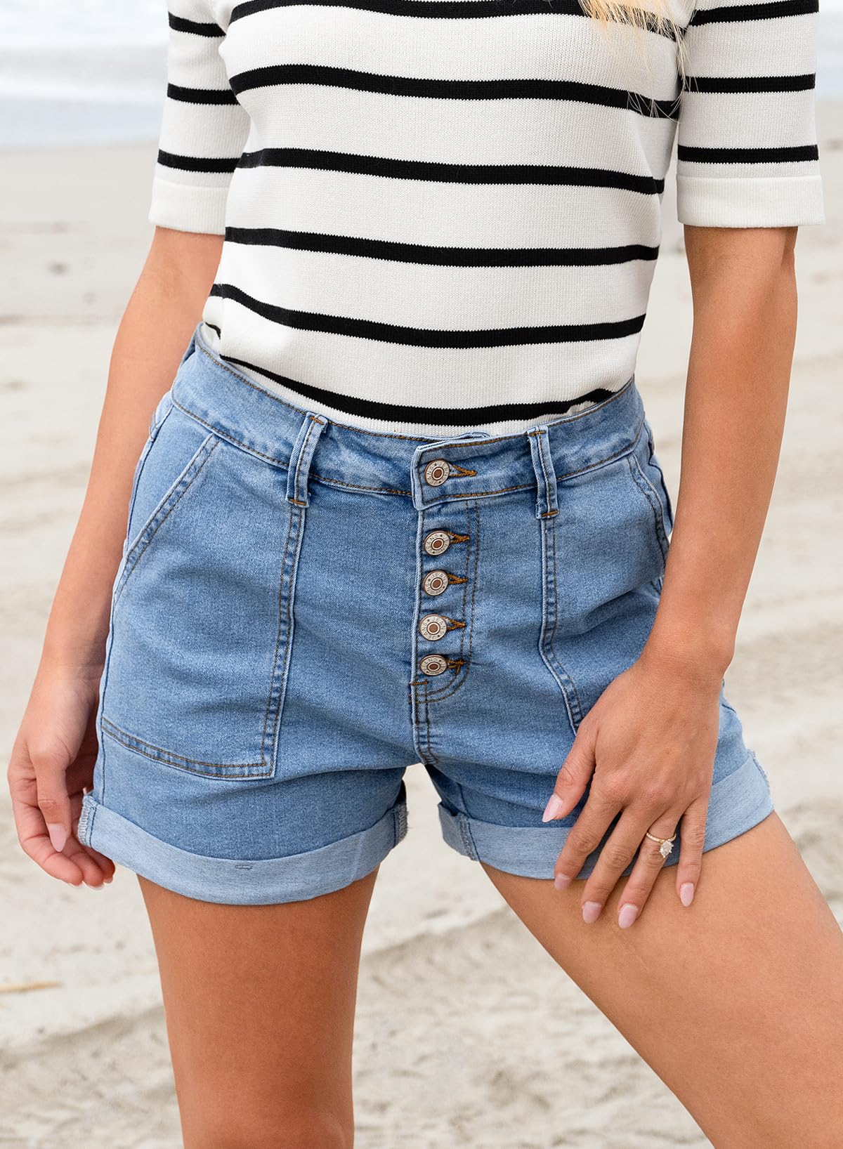 Sidefeel Womens Jean Shorts Summer High Waisted Stretchy Buttoned Folded Hem Denim Shorts Light Blue Size 14