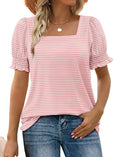 WIHOLL Blouses for Women Clothing Dressy Casual Short Puff Sleeve Square Neck Shirts Business Pink Stripe 2XL