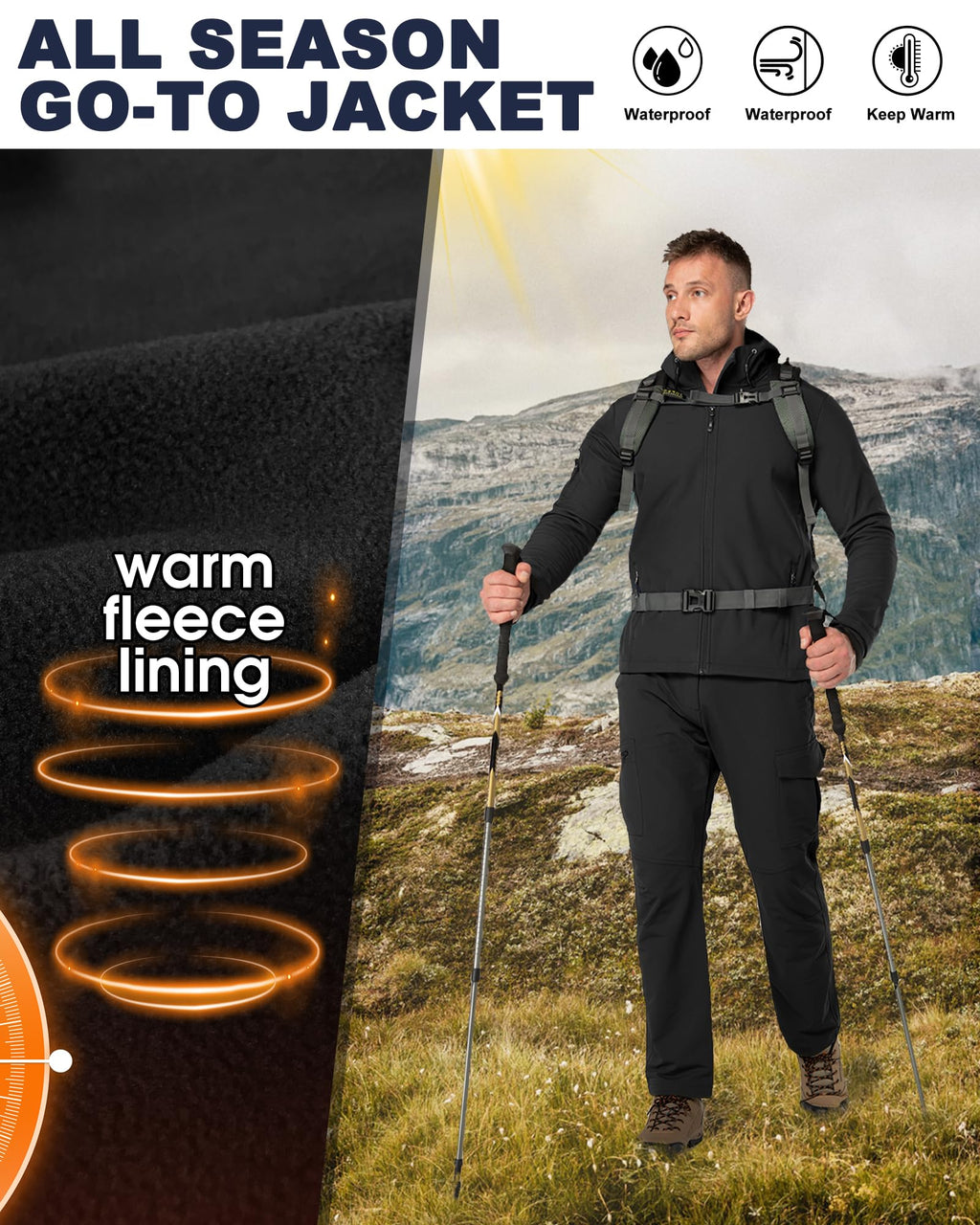 33,000ft Men's Hooded Softshell Jacket Waterproof Lightweight Insulated Windbreaker Fleece Lined Rain Shell Jacket