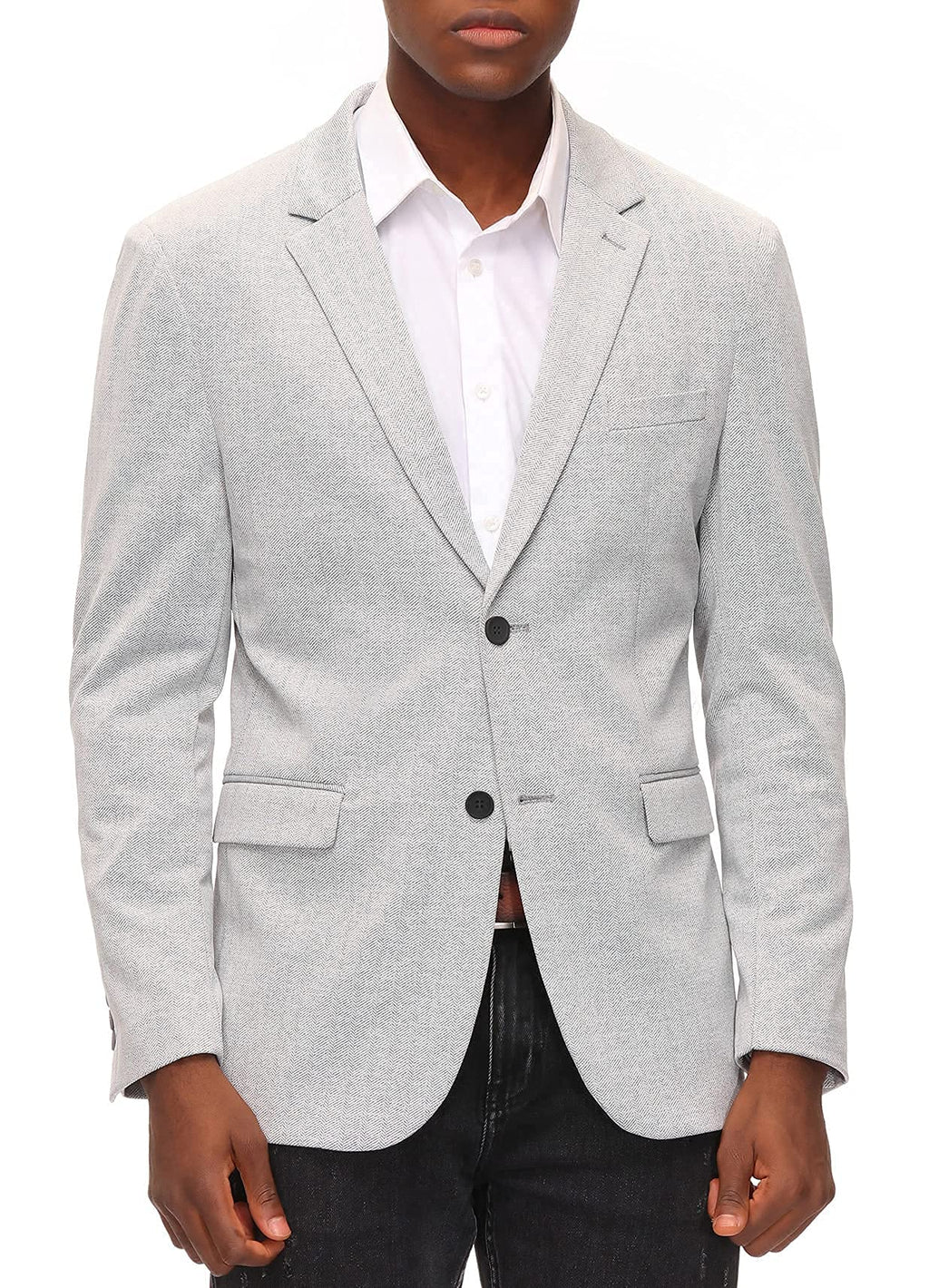 Mens Business Suit Jacket Knit Blazer Slim Fit Herringbone Sport Coat for Office Light Grey